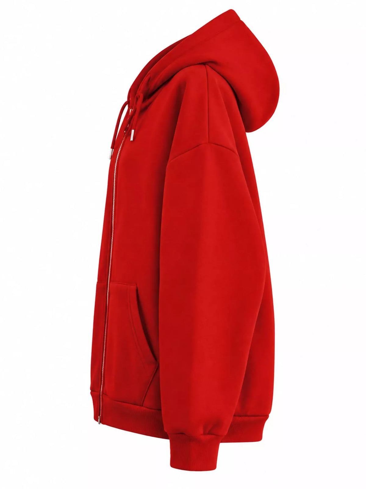 A bright red zip-up hoodie shown from the side profile against a plain white background.