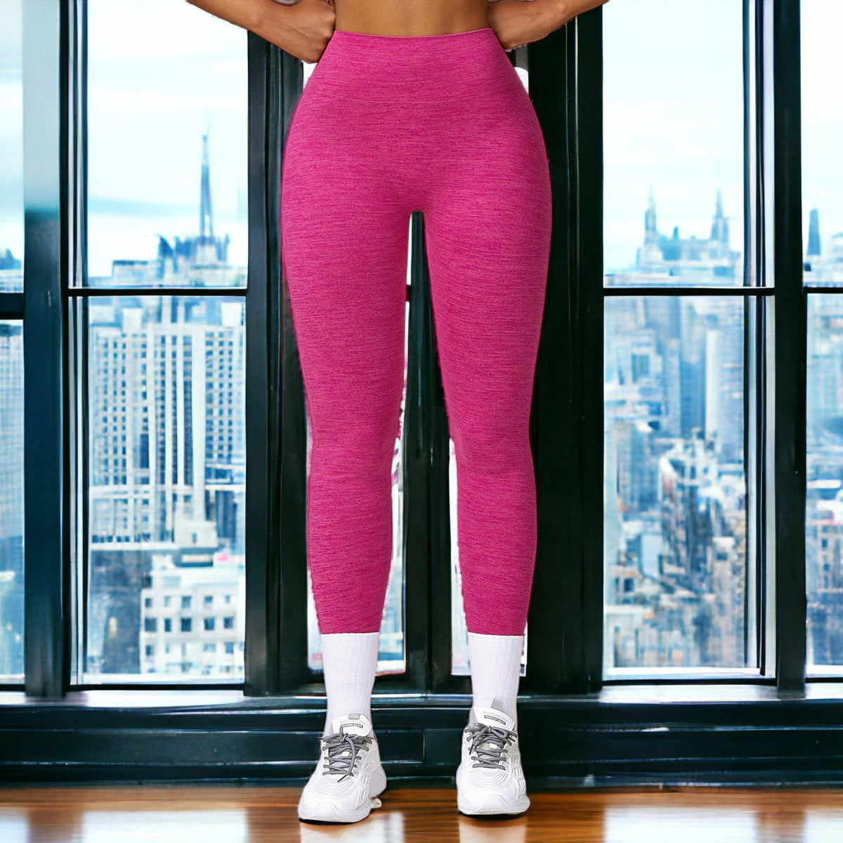 front view of Back Patch Pocket Textured Leggings-pink