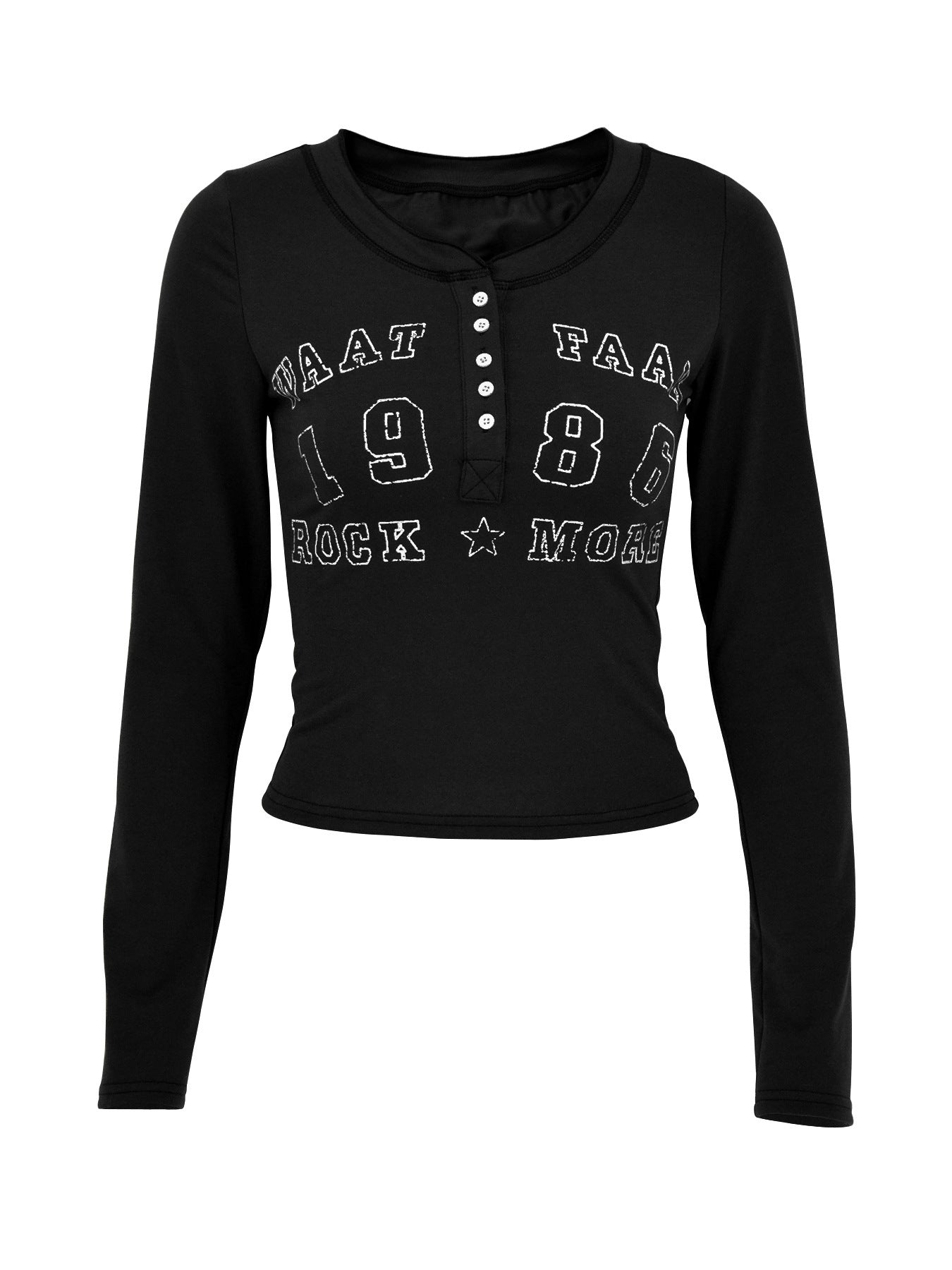 Black long-sleeve shirt with text design on a white background