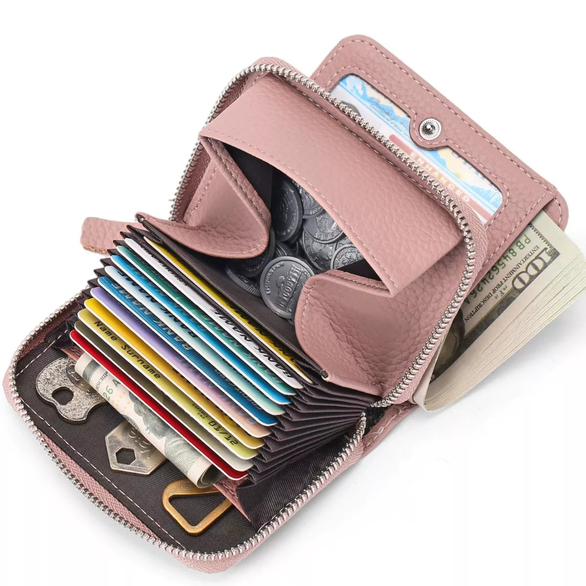 Pink wallet with card slots, money, and coins on a white background
