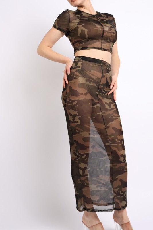 Camo printed top and maxi skirt set