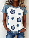 Women Casual Summer Denim Patchwork Short Sleeve Blouse