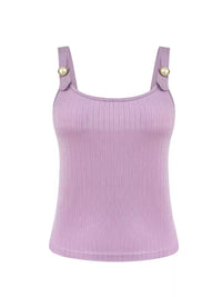 Purple ribbed tank top with gold buttons on a white background