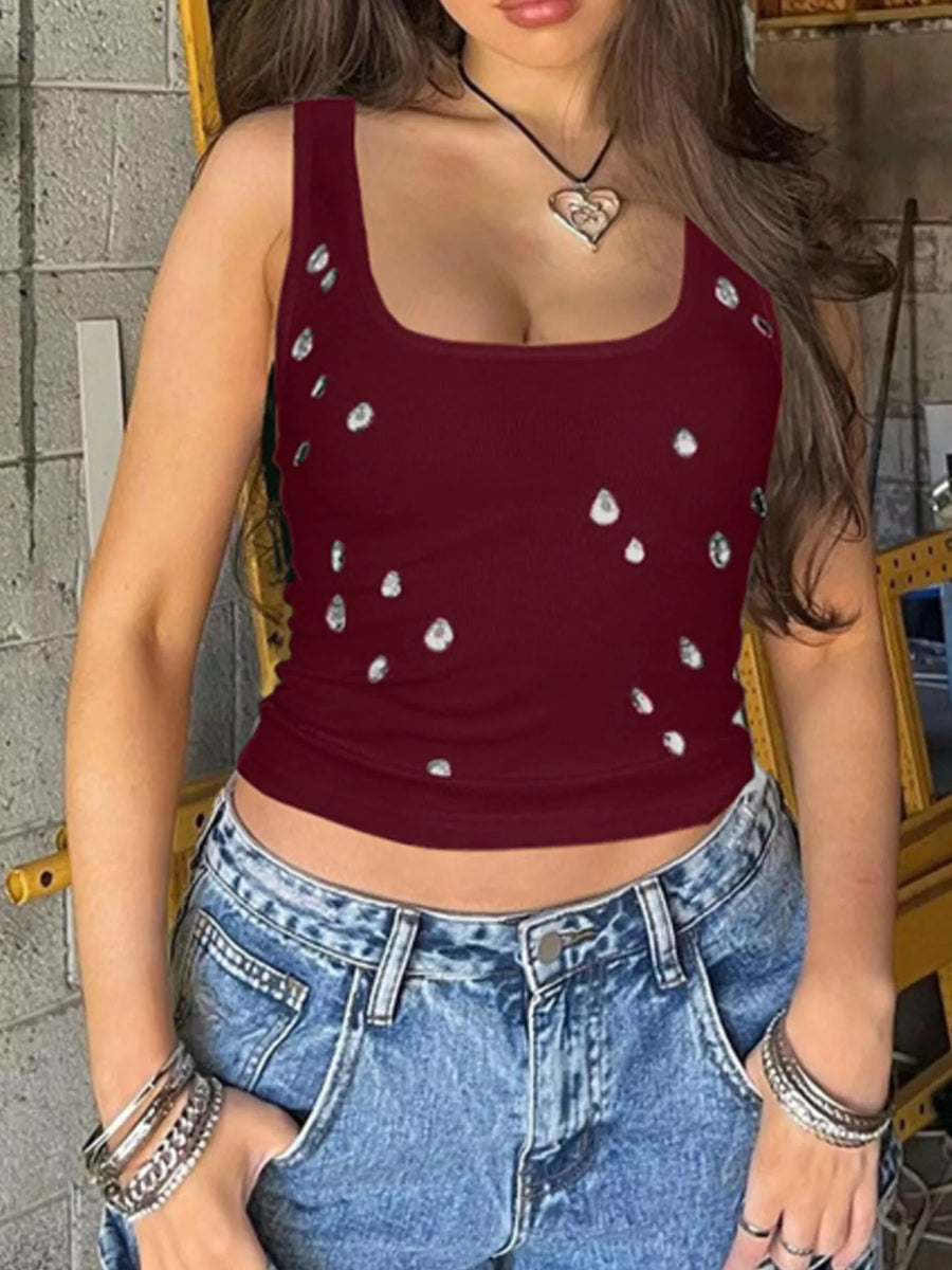 A view of burgundy Women's Bead Embellished Square Neck Tank
