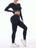 Left side view of Letter Print Round Neck Long Sleeve Top and Leggings Active Set