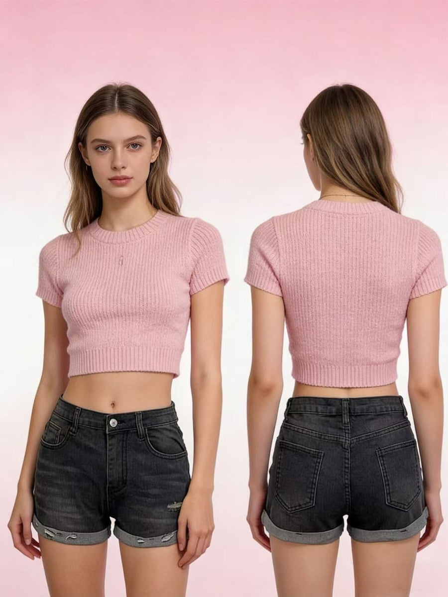 Woman wearing a pink ribbed crop top and black denim shorts, shown from front and back on a pink background.