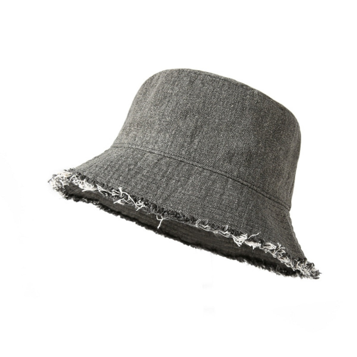 Gray bucket hat with frayed edge on a white background