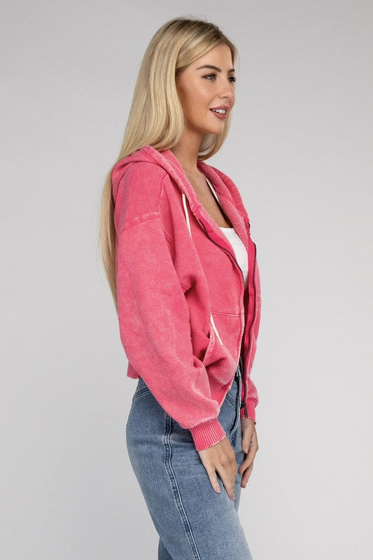 Pink plus size Fleece Cropped Zip-Up Hoodie