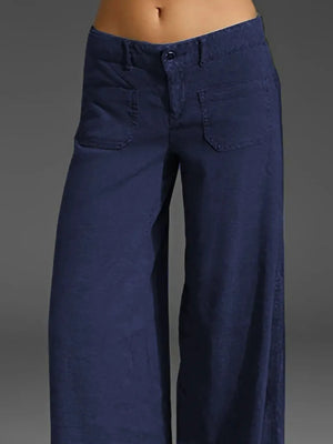 Navy blue wide-leg pants on a gray background