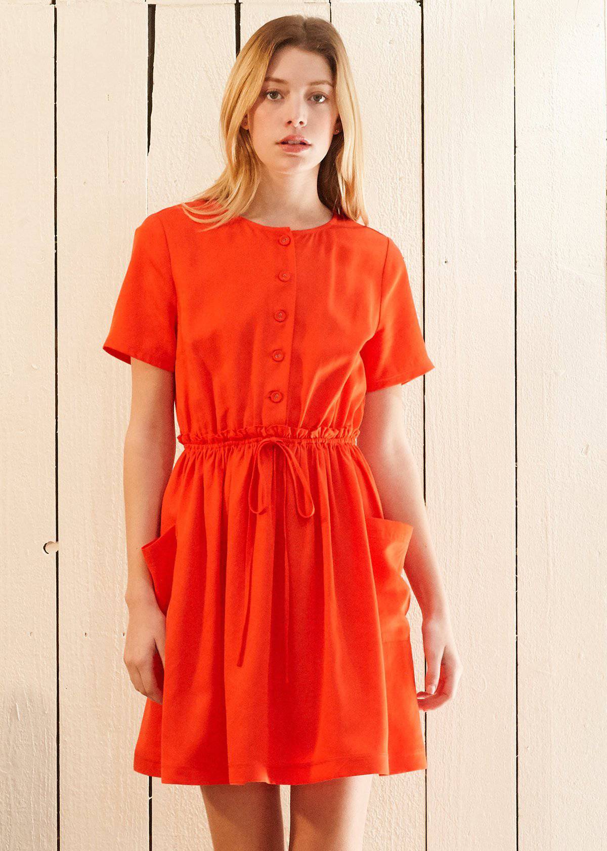 Full view of Women's Short Sleeve Utility Dress in Poppy