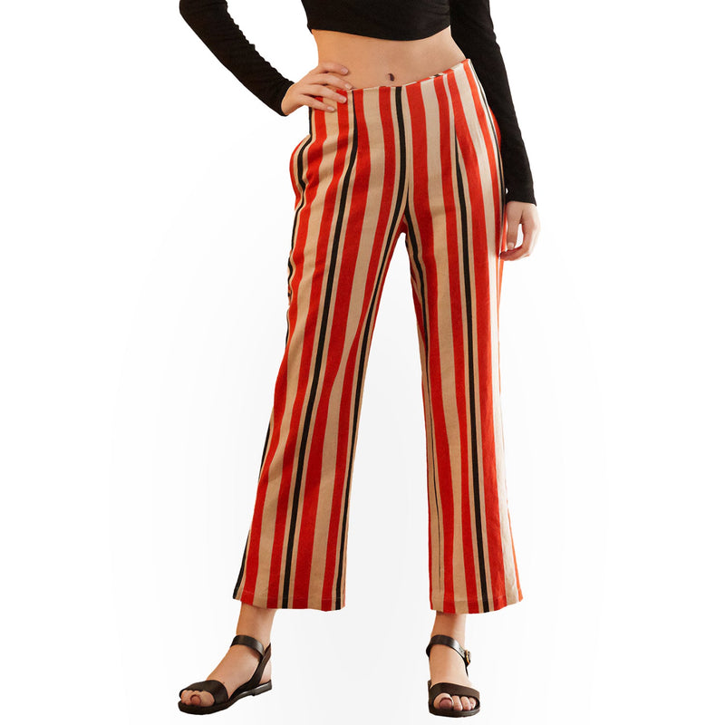 A pair of high-waisted cropped pants with vertical stripes in red, beige, and black colors, featuring side pockets and a rear zipper detail.