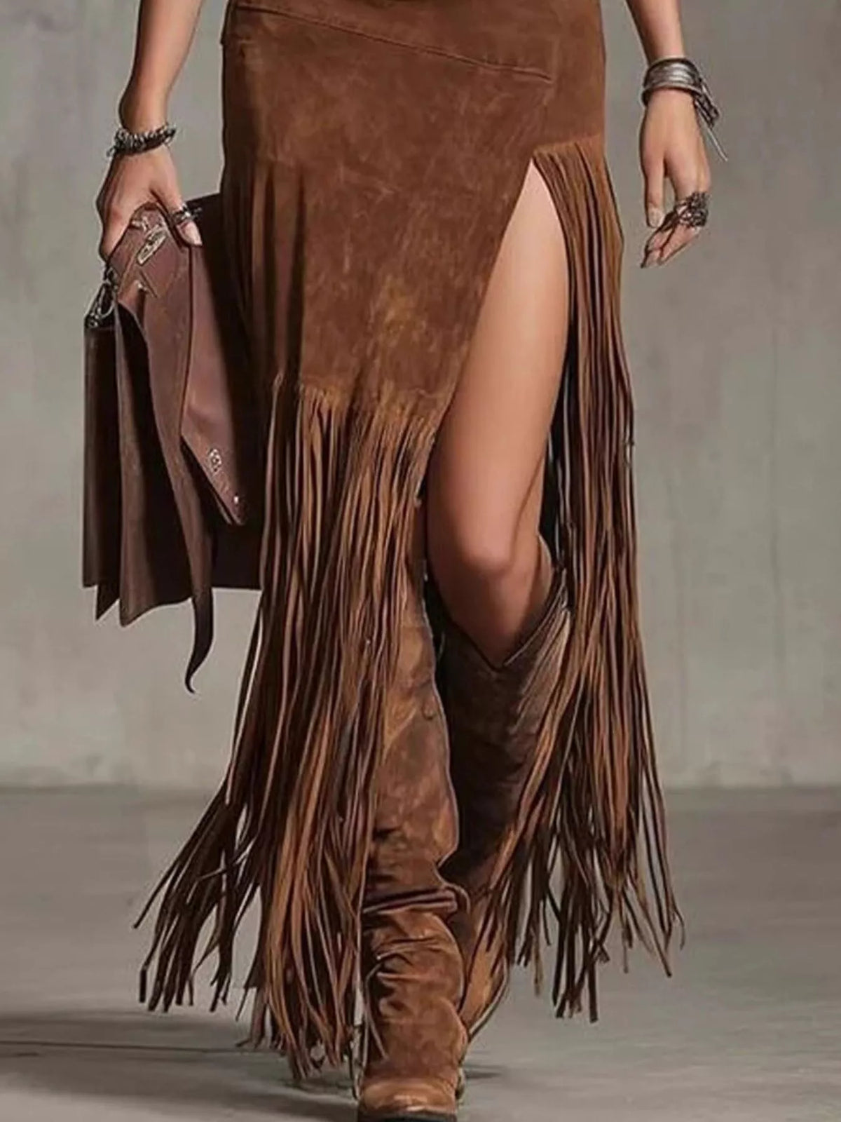 Brown suede fringe skirt and boots with a neutral background