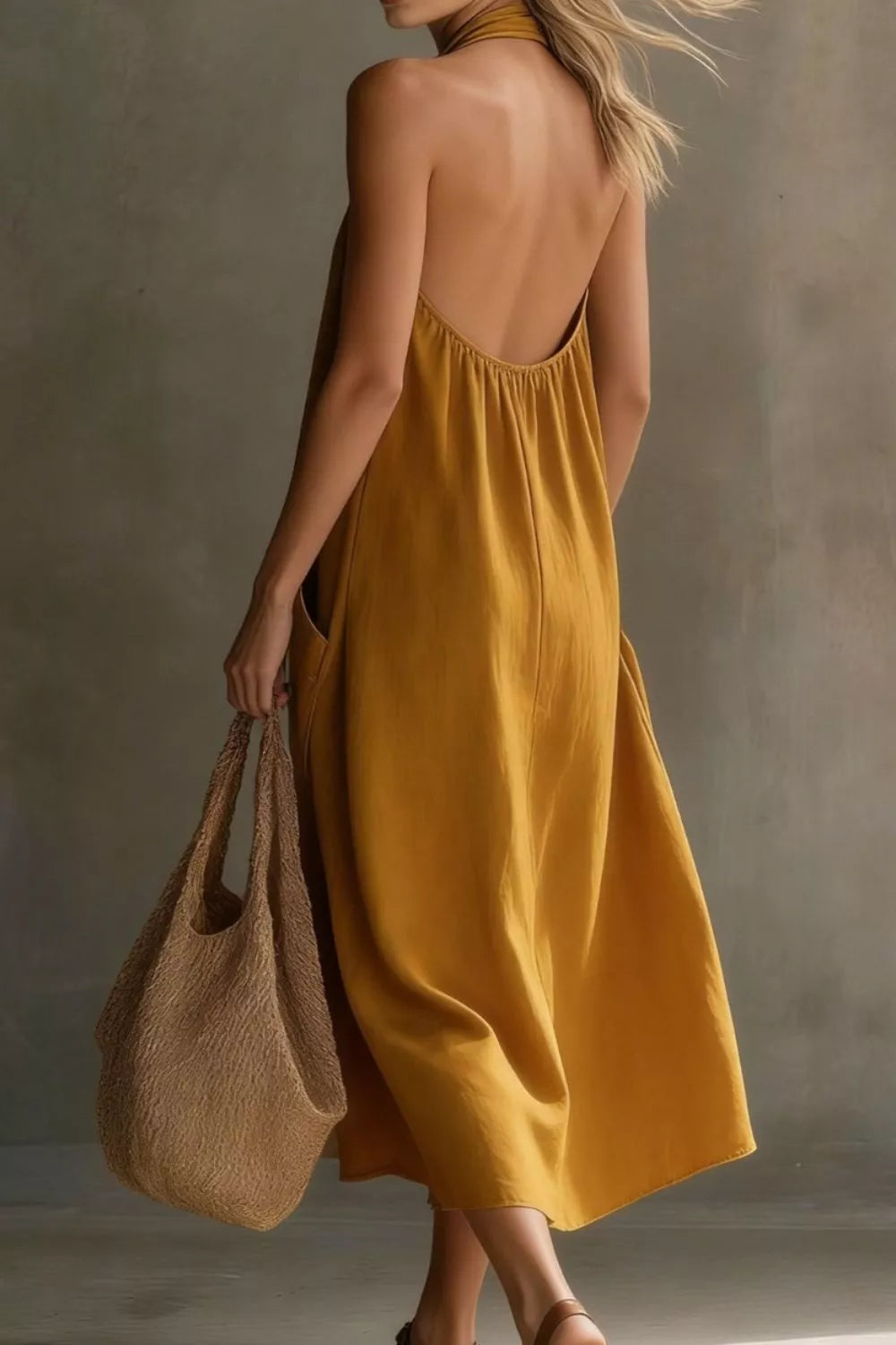 Woman wearing a mustard yellow dress holding a brown bag against a neutral background