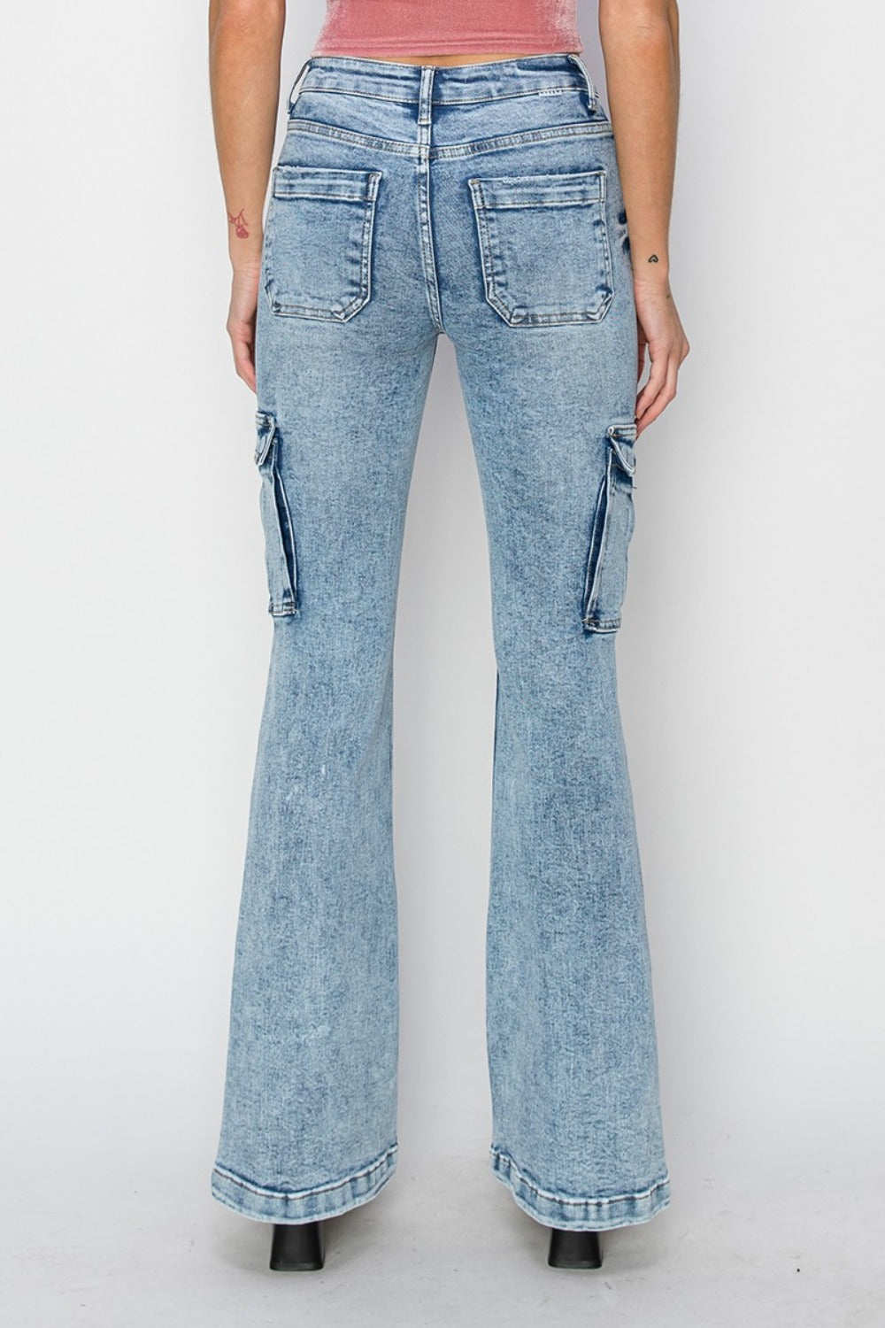Back view of RISEN Full Size High Rise Cargo Flare Jeans