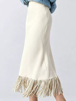 Side view of the white High-Waisted Fringe Midi Skirt