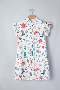 Children's dress with colorful patterns on a hanger against a gray background