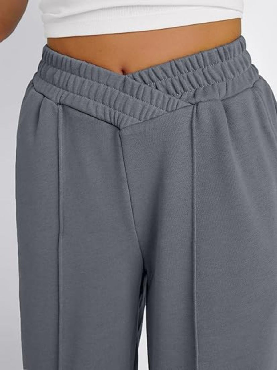 A close up view of the waist band of gray Elastic Waist Wide Leg Jogger Pants