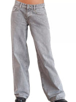 Light gray washed denim jeans shown on a model from the waist down, featuring a wide-leg fit and classic five-pocket styling.