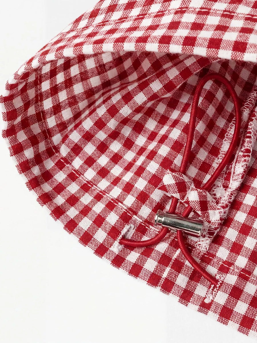Zoom in view of ankle of High-Waisted Gingham Wide-Leg Drawstring Pants For Women