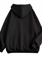 A black zip-up hoodie with a drawstring hood and front pockets, shown against a plain white background.