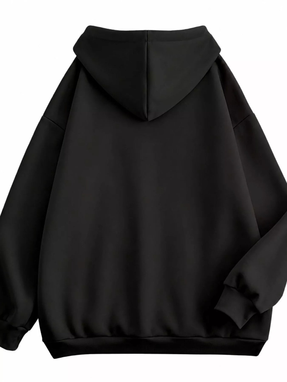 A black zip-up hoodie with a drawstring hood and front pockets, shown against a plain white background.