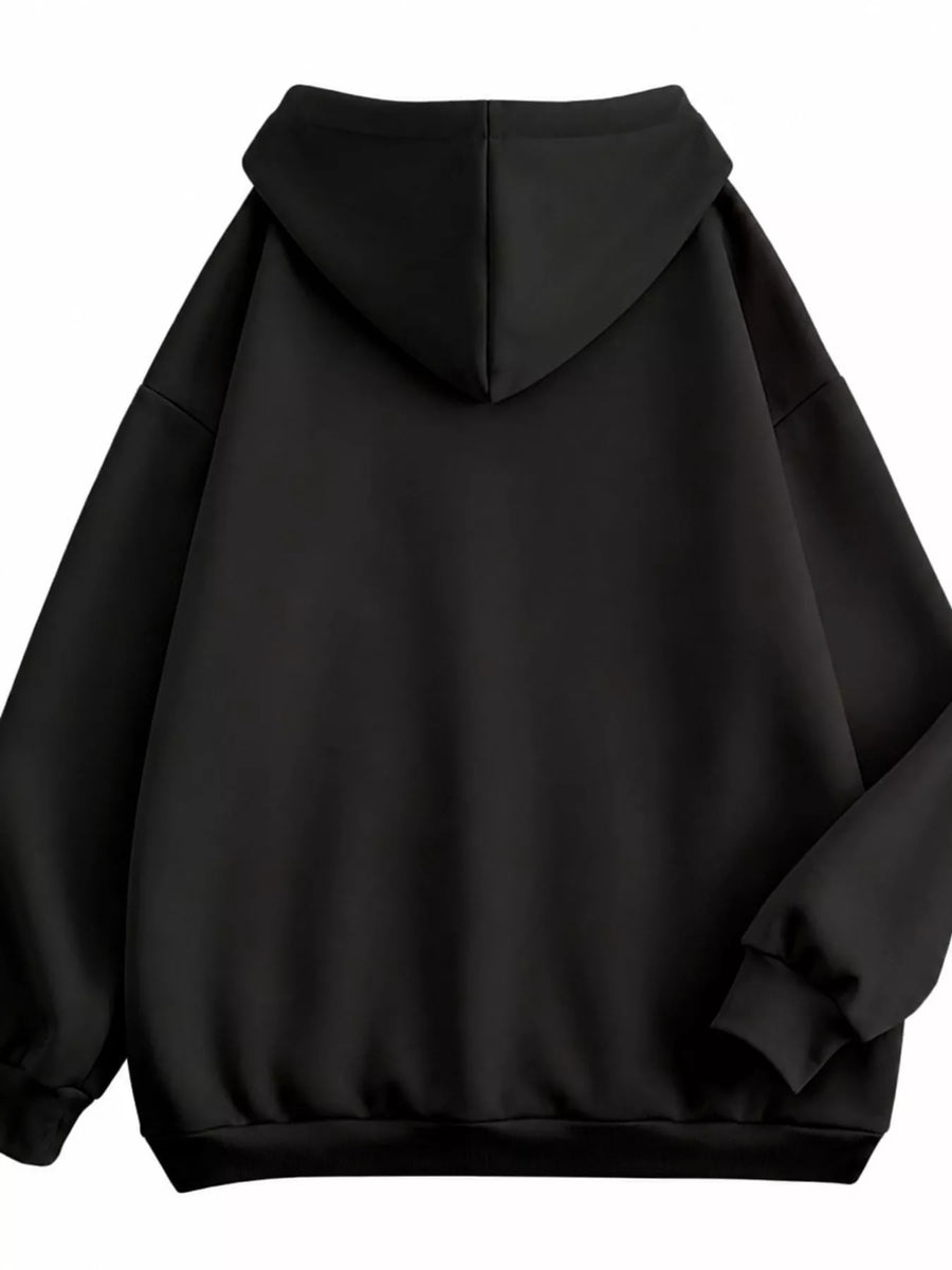 A black zip-up hoodie with a drawstring hood and front pockets, shown against a plain white background.