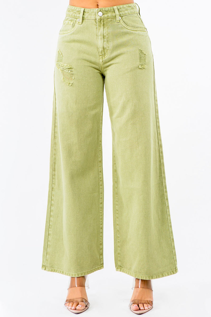 Light green wide-leg jeans on a white background