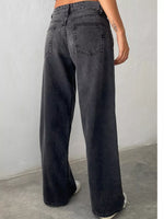 A person shown from the back wearing dark gray wide-leg jeans, standing against a light gray wall and concrete floor.