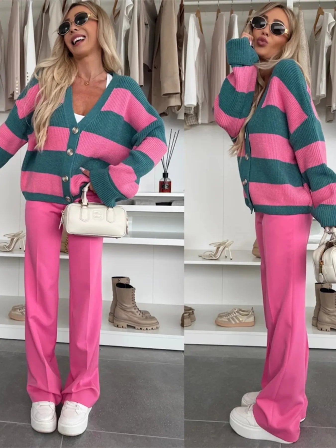 Woman wearing a pink and teal striped sweater with matching pants in a clothing store.