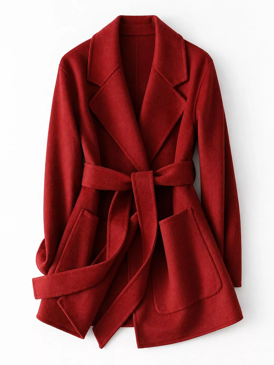 A red belted wrap coat with wide lapels and front patch pockets, shown on a plain white background.