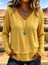 Women's V-Neck Long Sleeve Blouse with Frayed Hem Detail