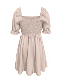 Beige smocked dress with puff sleeves on a white background