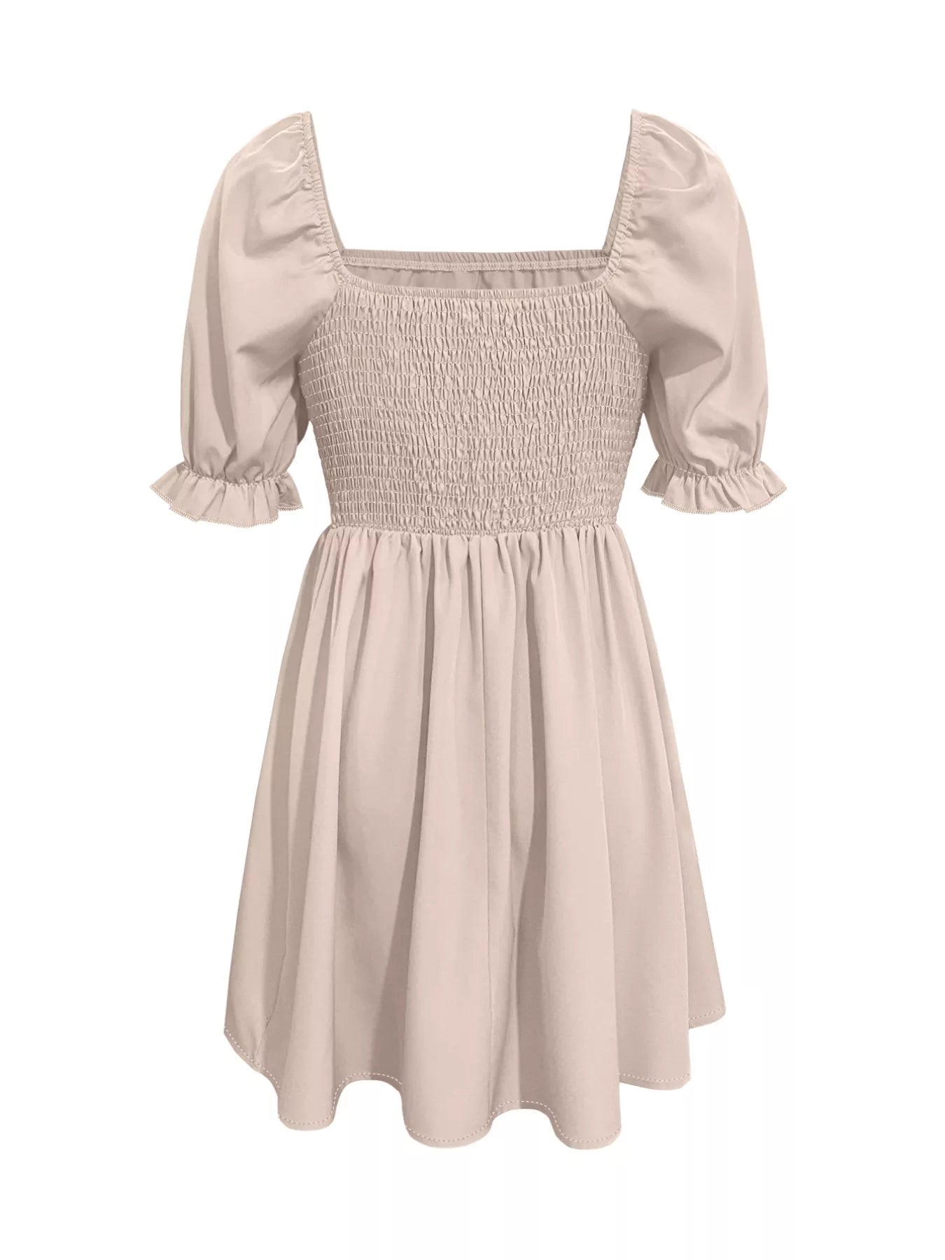 Beige smocked dress with puff sleeves on a white background