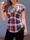 Woman's Cute Summer Casual Plaid Lace-Up Short Sleeve Blouse