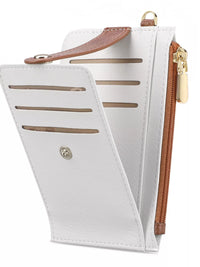 White wallet with brown accents and a gold zipper on a white background