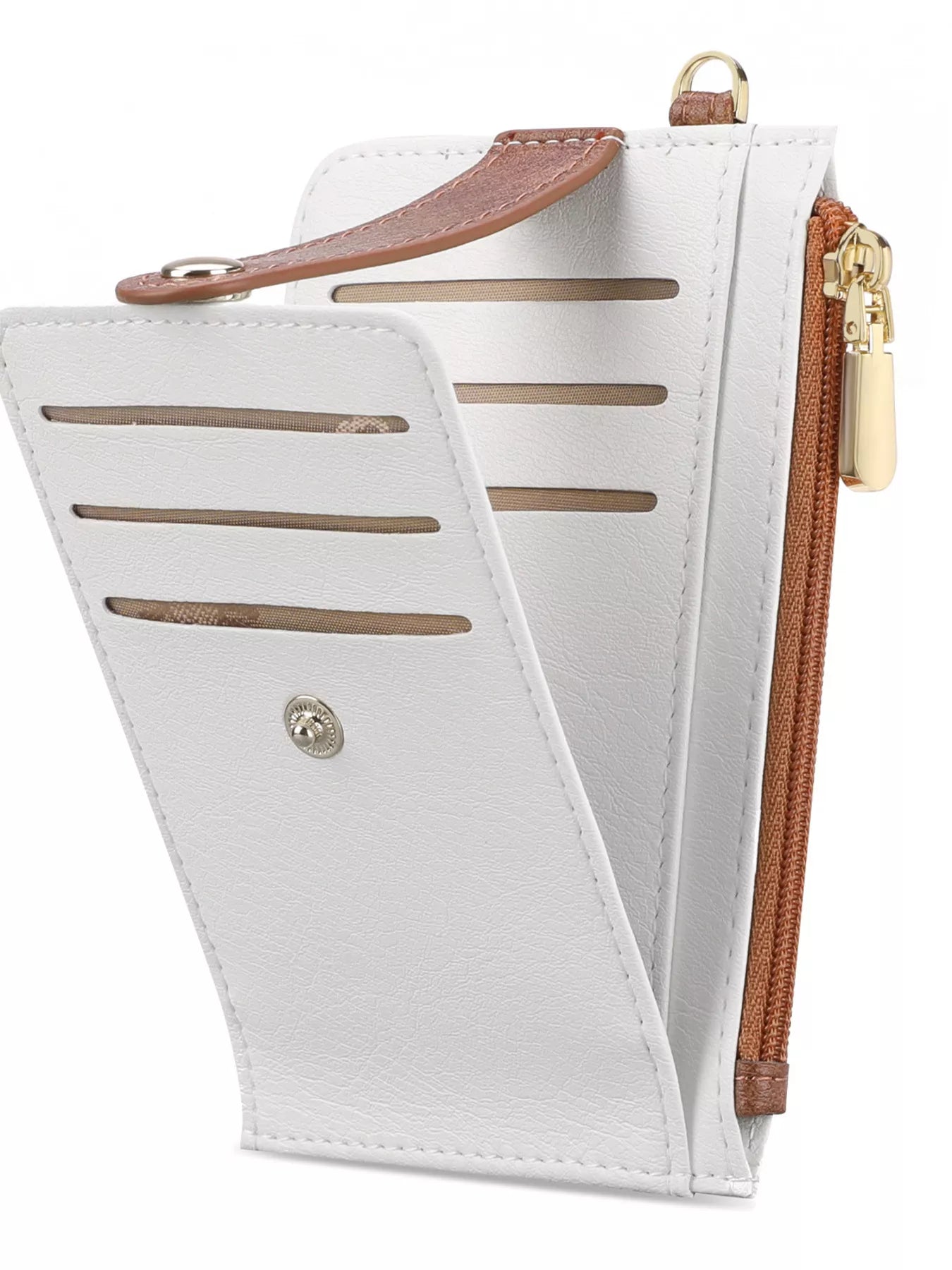 White wallet with brown accents and a gold zipper on a white background