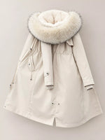 A view of Women's Detachable Longline Hooded Parka with Faux Fur Trim and Drawstring Waist on a white backdrop