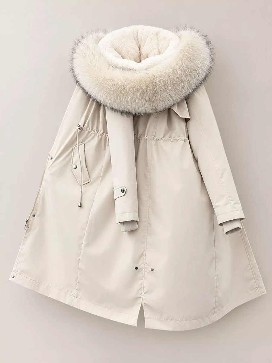 A view of Women's Detachable Longline Hooded Parka with Faux Fur Trim and Drawstring Waist on a white backdrop