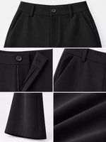 Black tailored trousers shown in a four-panel detail collage, highlighting the front waistband with a button, front zip closure, side pocket, and fabric texture.