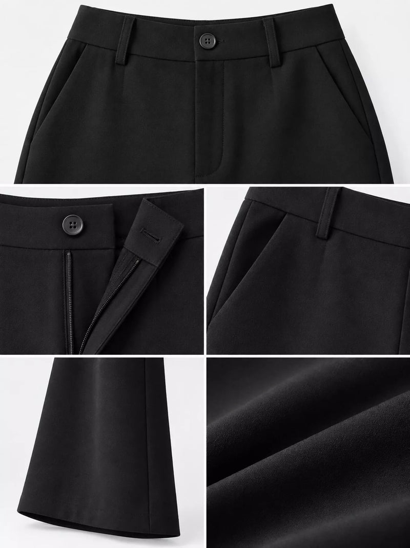 Black tailored trousers shown in a four-panel detail collage, highlighting the front waistband with a button, front zip closure, side pocket, and fabric texture.