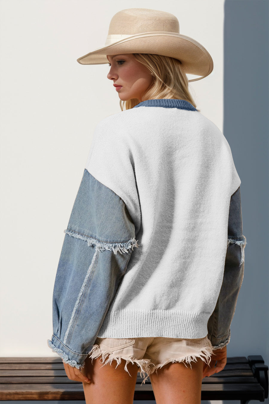 Back view of white Double Take Full Size Star Pattern Raw Edge Long Sleeve Sweater