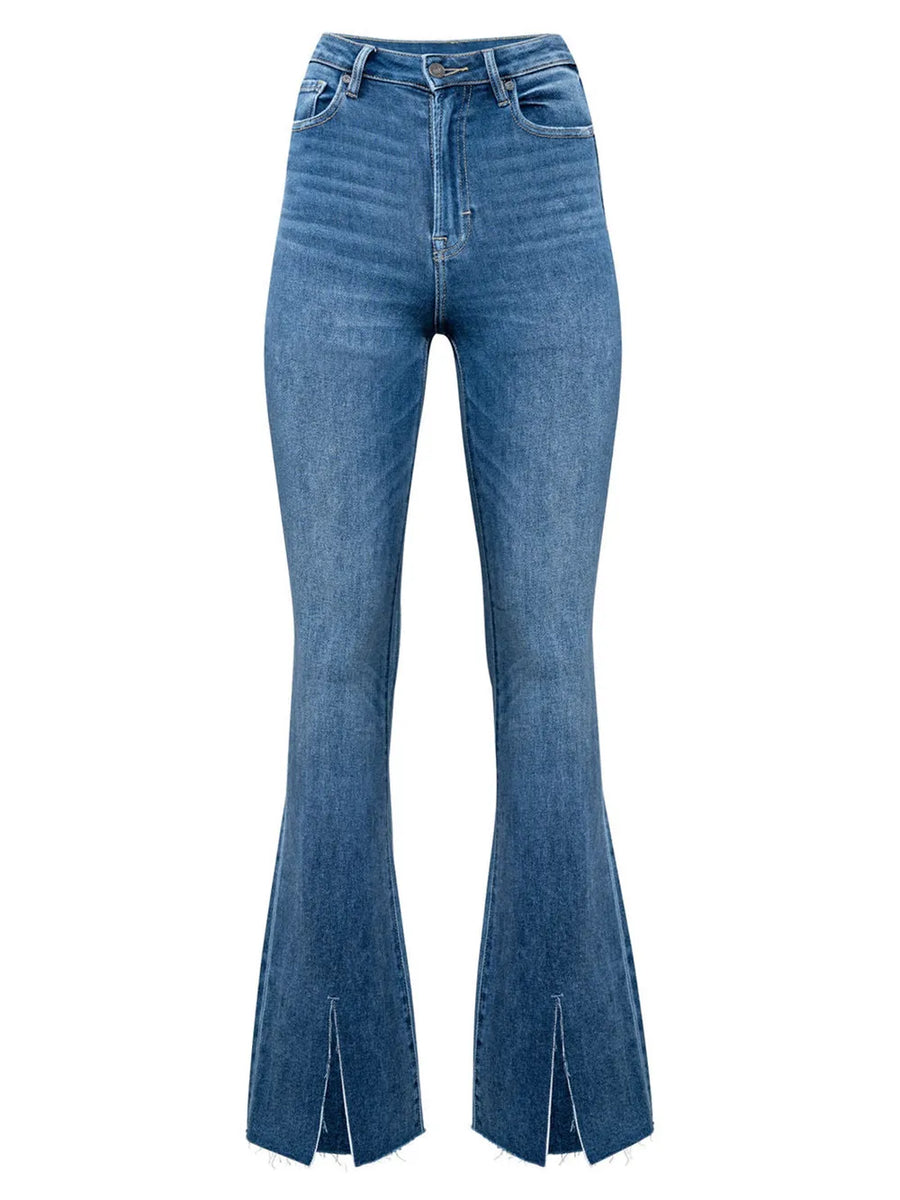 Blue flared jeans on a white background