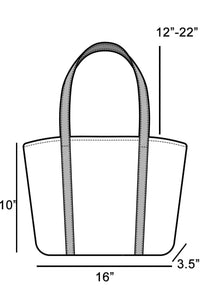 Measurement chart of a tote bag with dimensions labeled.