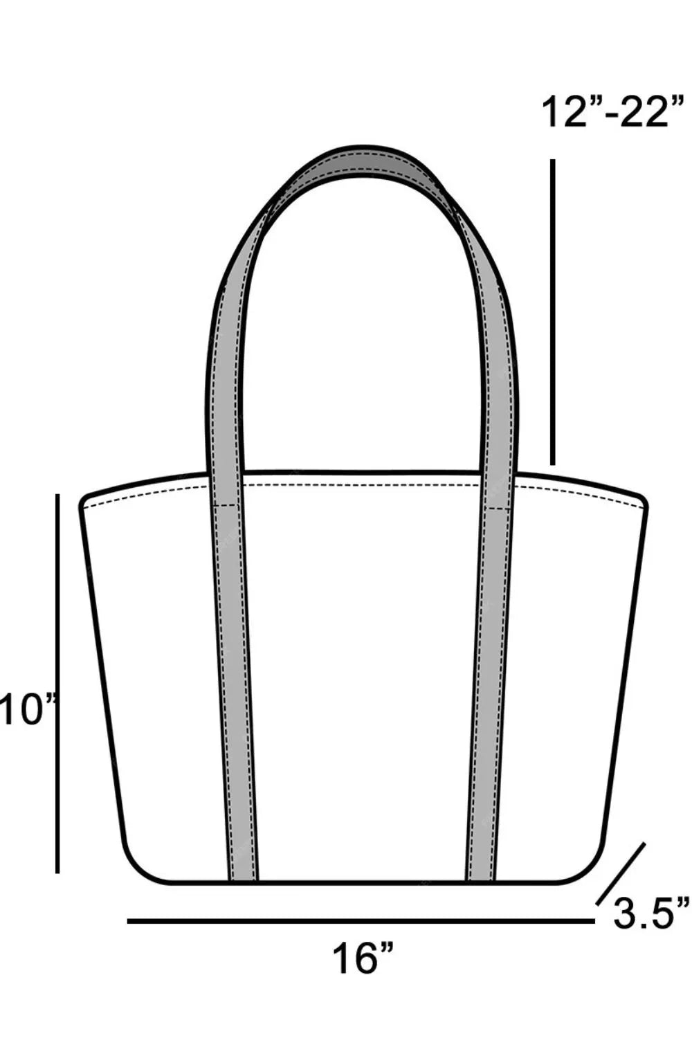 Measurement chart of a tote bag with dimensions labeled.