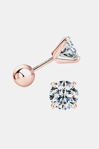 Rose gold stud earrings with clear gemstones on a light gray background