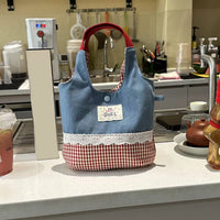 Multicolored bag with lace detail on a kitchen counter