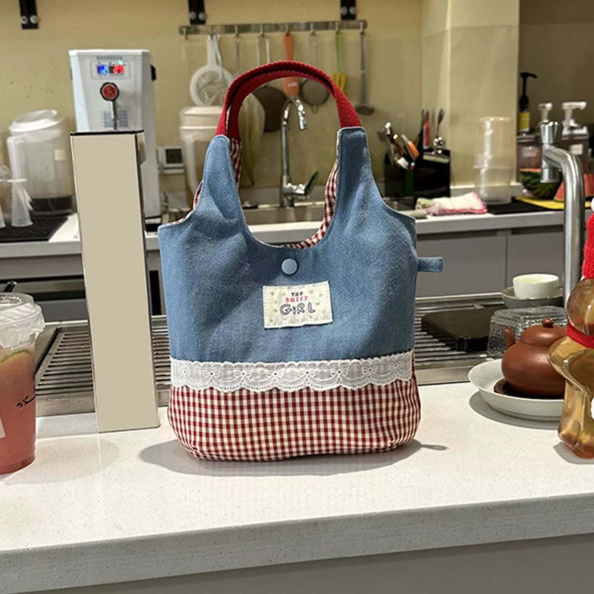 Multicolored bag with lace detail on a kitchen counter