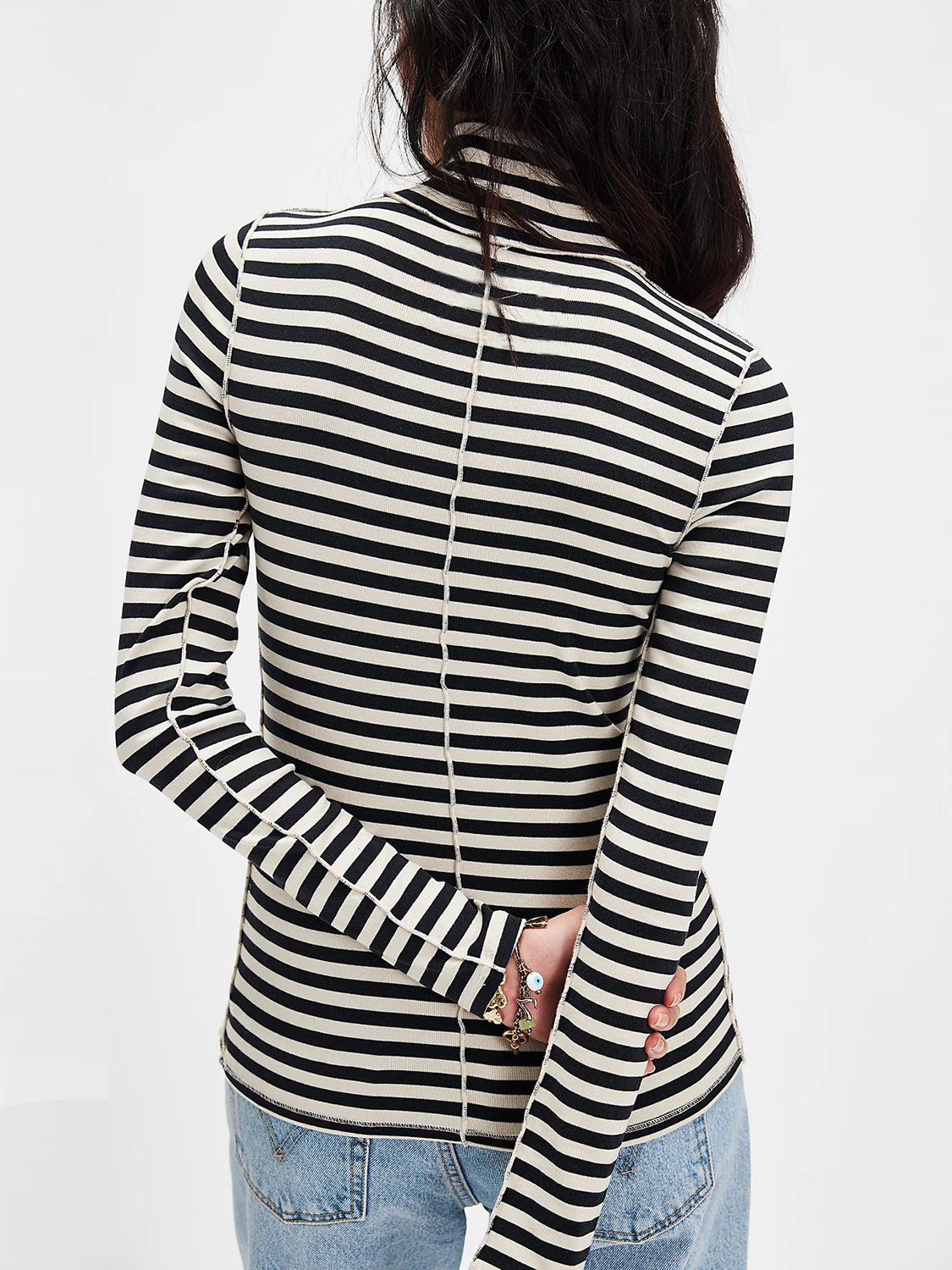 Back view of black Exposed Seam Striped Turtleneck Long Sleeve T-Shirt