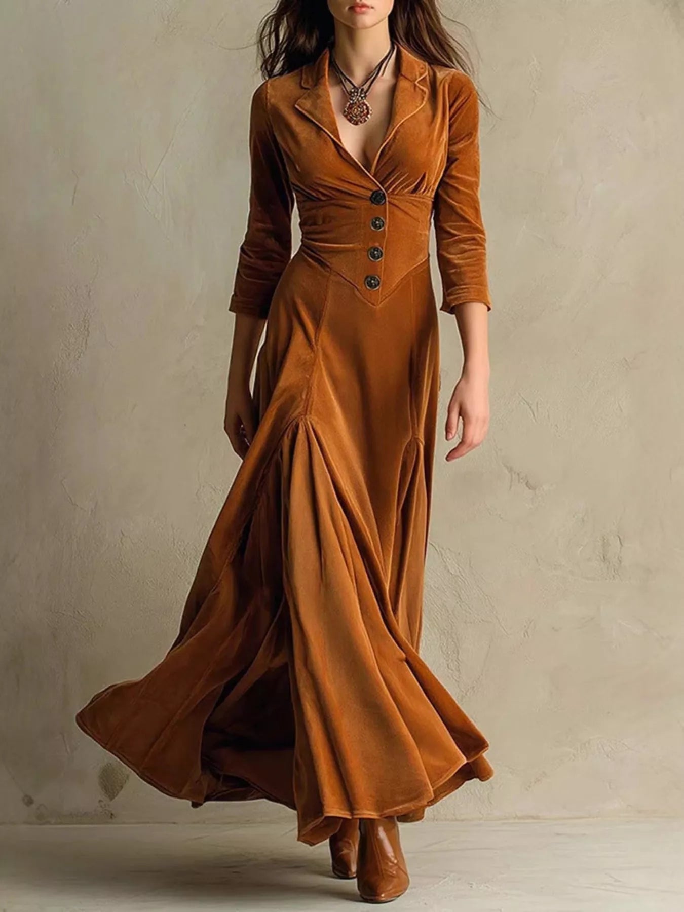 Woman wearing a long brown dress with a textured background
