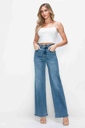 Model showing pockets on bytos Full Size High Rise Wide Leg Jeans with Pockets